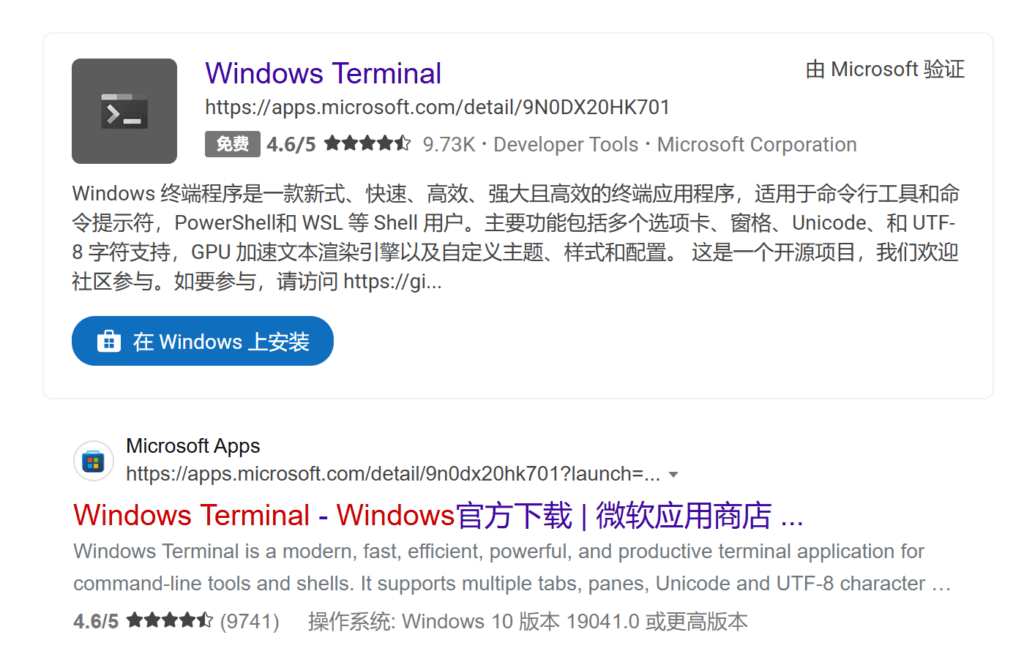 在必应中搜索 Windows 终端。