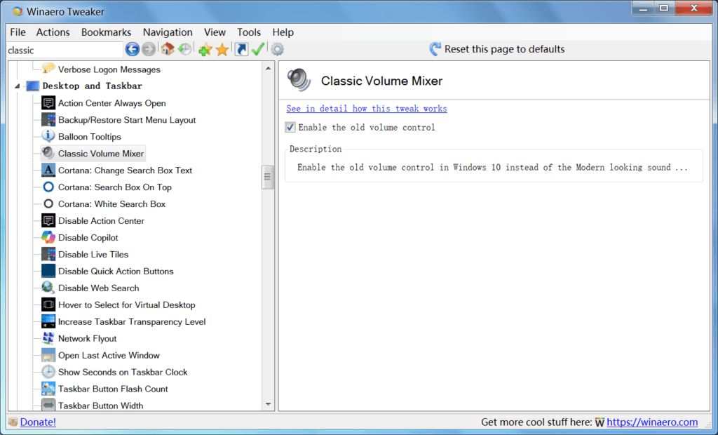Winaero Tweaker 启用旧版声音控制。